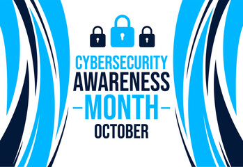 Poster - Cybersecurity Awareness Month blue background design with lock shapes and typography in the center