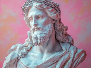 Sculpture of Jesus Christ with a crown of thorns against a pink and blue sunset sky Generative AI