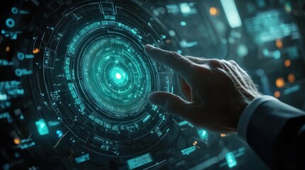 Poster - hand of businessman touching glowing futuristic circular hologram screen with hi-tech artificial int