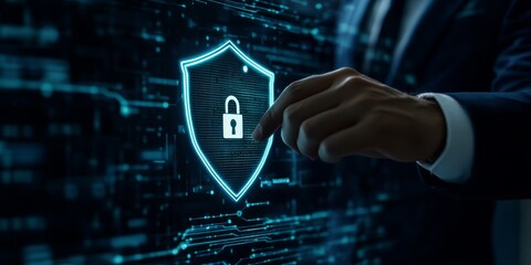 Wall Mural - businessman touching a digital virtual shield with a padlock icon on a hologram screen businessman t