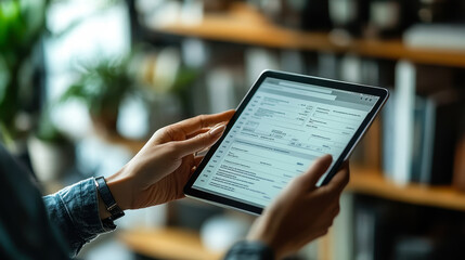 Poster - businessperson reviewing digital invoice on tablet in office environment for financial analysis and 