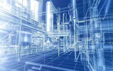 Poster - Detailed blueprint of an industrial facility illustrating complex machinery and piping layout at a manufacturing location
