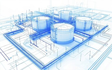 Poster - Aerial view of an industrial facility with large storage tanks and pipeline network during daytime