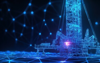 Poster - A futuristic oil rig amid a digital network, showcasing advanced tech and connectivity in energy extraction