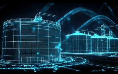 Poster - 3D rendering of industrial storage tanks with digital elements illustrating modern technology and infrastructure development