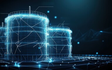 Poster - Digital representation of industrial storage tanks with network lines highlighting connections and data flow at night