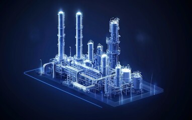 Poster - An intricate blue outline of an industrial plant with towering stacks and interconnected pipes showcasing modern engineering design