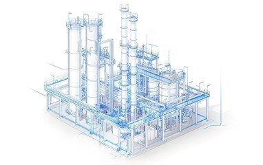Poster - detailed 3d blueprint of an industrial facility showcasing pipes, structures, and machinery designed