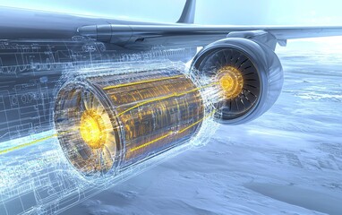 Poster - A detailed illustration of a futuristic jet engine technology showcasing the inner workings and energy flow in mid-flight