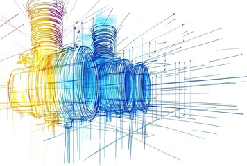 Poster - Exploring the intricate design of industrial machines in a dynamic blue and yellow schematic illustration