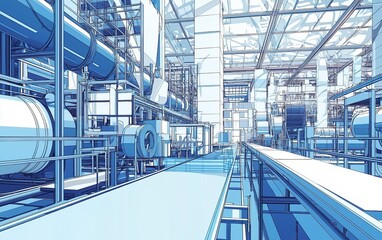 Poster - Industrial architectural design illustration showcasing a modern facility with intricate piping and structural elements