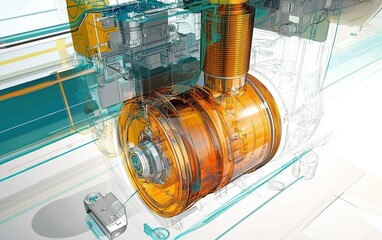 Poster - Detailed engineering illustration of a complex mechanical component showcasing its inner workings and design elements