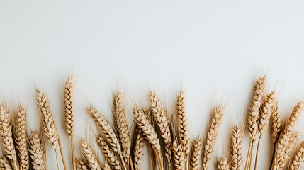 Wheat stalks arranged in a row along the bottom of a white background.