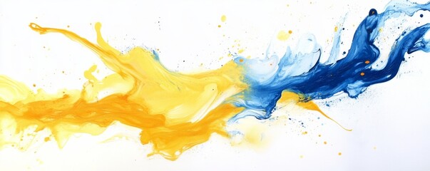 Poster - Abstract artwork created by mixing blue and yellow acrylic paint, leaving dynamic streaks of color across a white canvas