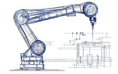 Poster - A detailed blueprint of an industrial robotic arm with its mechanical components and dimensions clearly illustrated for engineering purposes