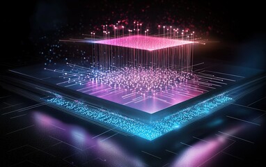 Poster - A vibrant depiction of a futuristic microchip with dynamic data flows and colorful processing elements illuminated in a dark environment
