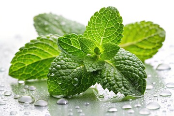 Wall Mural - Fresh mint leaves and water drops in the air, isolated on white background
