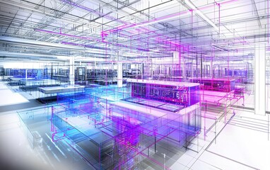 Poster - A digital rendering of a modern data center showcasing intricate server layouts and vibrant illuminated structures