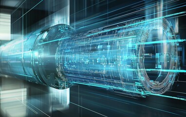 Poster - Futuristic energy conduit glowing with blue light in a sleek technological setting during nighttime