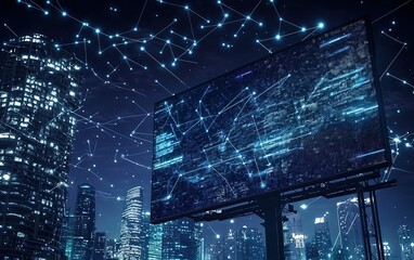 Poster - A digital billboard displays vibrant data patterns against a modern city skyline at night