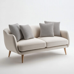 Modern white textile sofa with wood legs on isolated white background. Furniture for modern interior, minimalist design. 