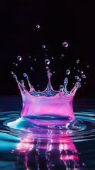 Poster - Single water droplet is creating a splash with a crown shape, reflecting pink and blue colors against a black background. The water is rippling around the splash