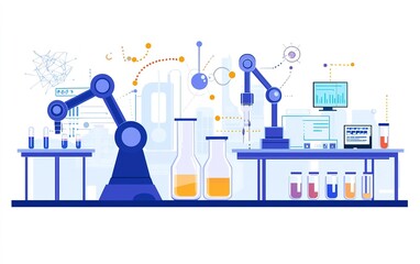 Poster - Robotic laboratory setup with automated arms conducting experiments on chemical solutions in a research facility
