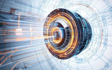 Poster - Futuristic digital design showing a circular structure with glowing lines in a vibrant technological environment