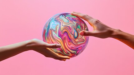 Poster - two hands reach towards a digital sphere of abstract patterns against a pink background.