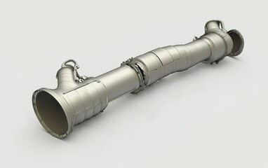 Poster - Detailed view of a metallic exhaust pipe designed for automotive applications in a workshop setting