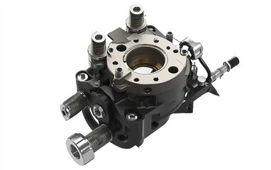 Poster - Detailed view of a precision-engineered hydraulic valve assembly designed for industrial applications in a workshop setting