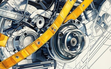 Poster - Detailed view of a complex engine assembly with yellow components and intricate mechanical parts in a workshop setting