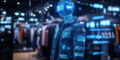 Wall Mural - a holographic mannequin with a digital interface jacket stands in an advanced technology-oriented cl