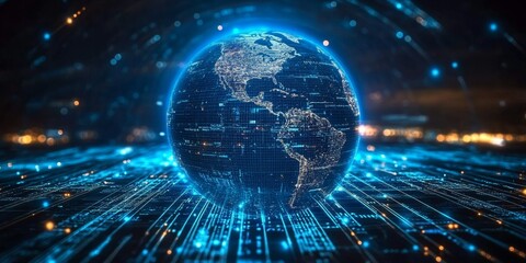 Wall Mural - hologram of earth, earth network, hologram of future world communication. planet as a blue hologram