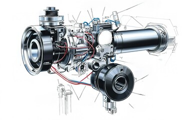 Poster - Detailed illustration of a mechanical device showcasing intricate components and connections during the engineering design phase