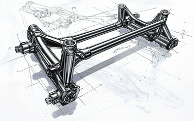 Poster - Detailed illustration of a mechanical suspension component in a design workshop setting with sketching materials around