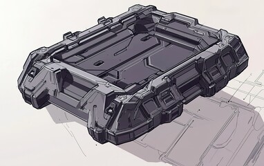 Poster - Detailed sketch of a futuristic storage container designed for advanced technology applications in industrial settings