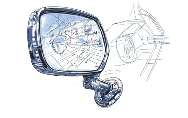 Poster - Design of a car side mirror showcasing sleek contours and detailed technical drawings for automotive development