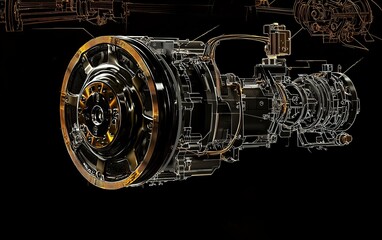Poster - Detailed view of a modern engine component showcasing intricate design elements against a dark background