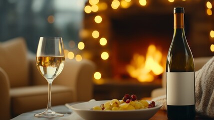 A cozy scene with a glass of white wine, a bottle, and a plate of grapes near a warm fireplace, with bokeh lights in the background, creating a relaxed atmosphere, perfect for a romantic evening