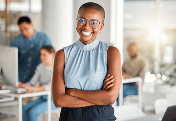 Wall Mural - Black woman, business portrait and arms crossed in office with content creation team and smile. Happy, professional and creative agency with digital editor and seo writer at online magazine company