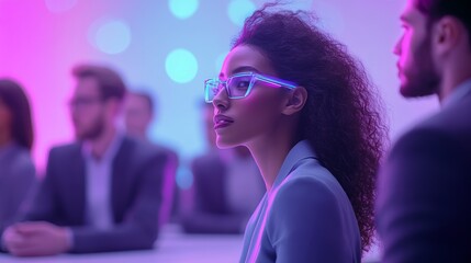 Wall Mural - business conference for data programmers. Inspired by tech, AI and data. Include mixed races. Colors include light background, light blue, light grey and purple. 