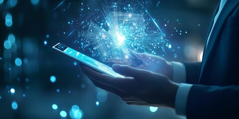Wall Mural - businessman hold tablet on hand, hologram data graph