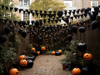 Garden decorated for halloween and fall. Fall garden decor with pumpkins, lanterns and wreaths