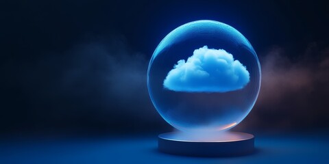 Sticker - A 3D visualization of a cloud floating inside a perfectly round holographic blue shield, symbolizing the safeguarding of cloud technology.