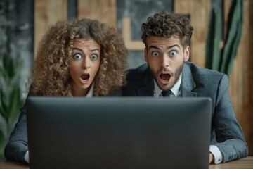 Shocked business people looking at laptop screen in office