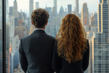 Businesspeople looking out high rise window at new york city skyline