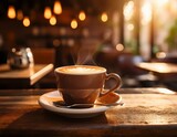 Una taza de café caliente sobre una mesa en una cafeteria de ambiente cálido