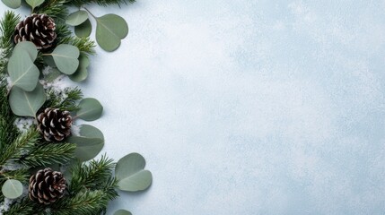 A serene winter background featuring pinecones and green leaves, perfect for holiday decor or seasonal designs.