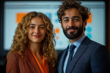 Two business professionals smiling in modern office with tv screen in background